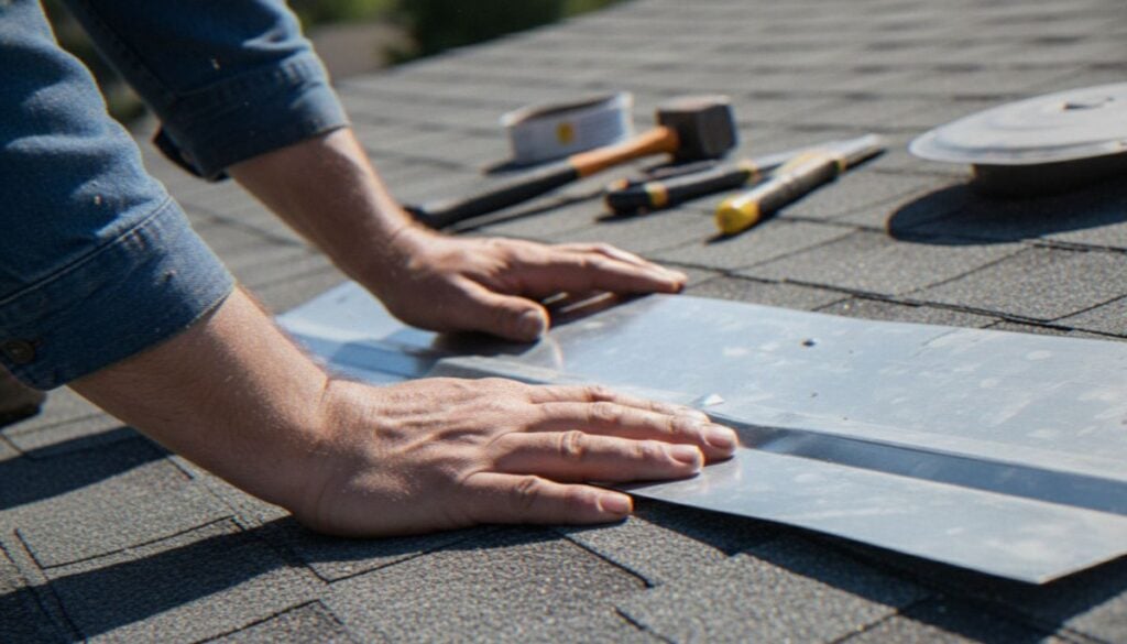 A close-up view of a professional roofer's hands installing metal flashing on an asphalt shingle roof during a repair
