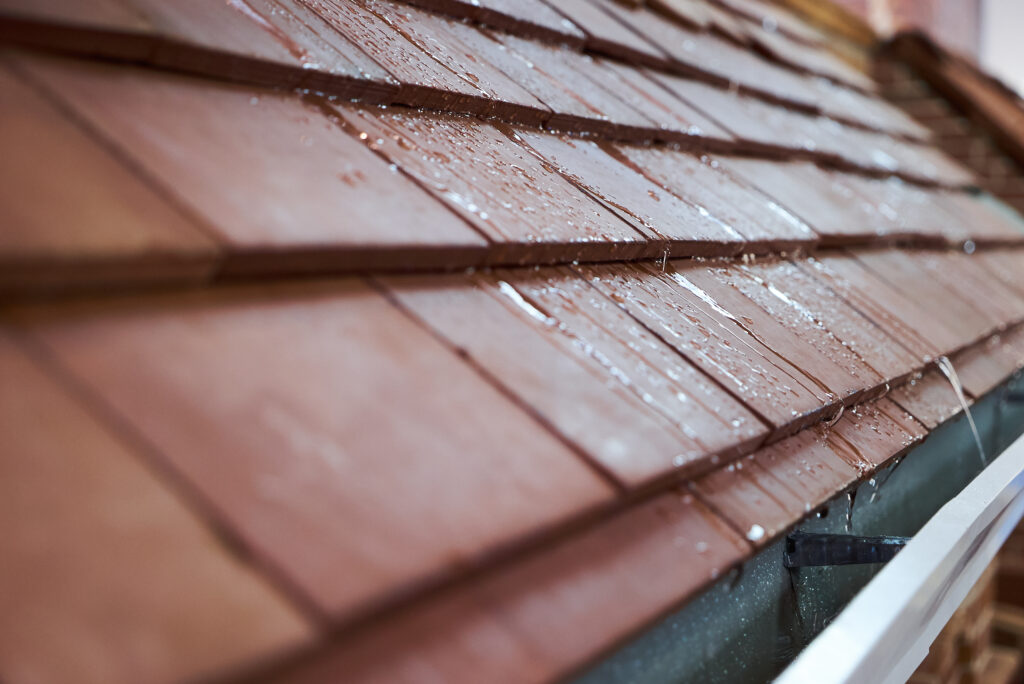 Wet tile roof of the house, close-up