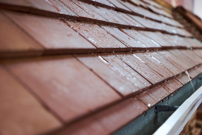 Wet tile roof of the house, close-up