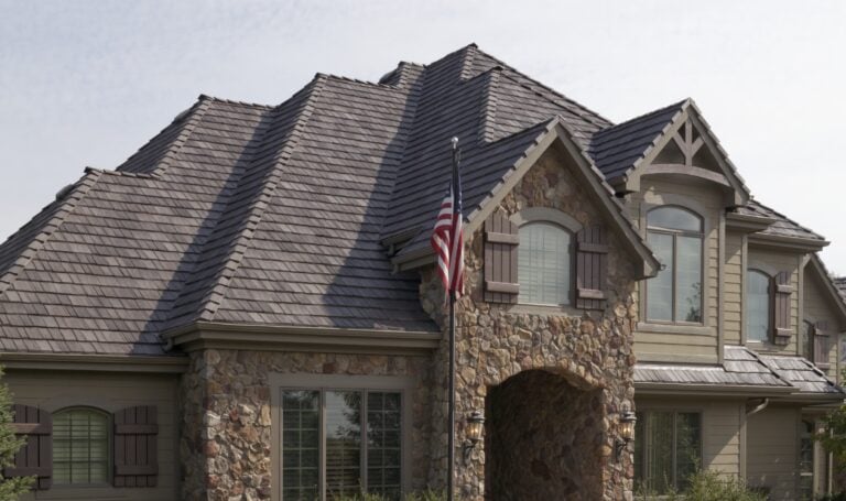 Dark slate roof installed by Shake Guys