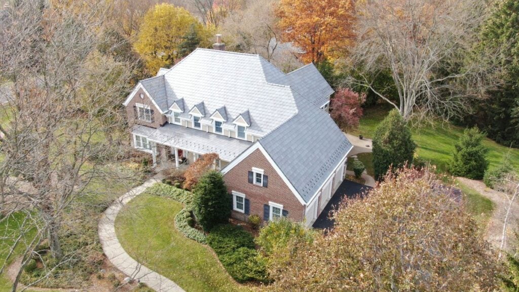 Aerial view of a light gray slate roof