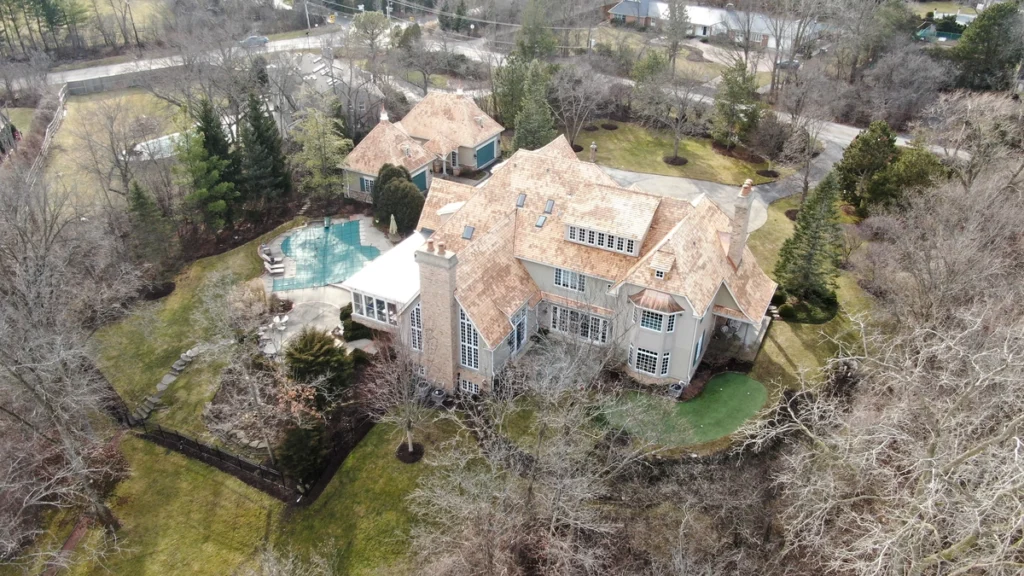 drone shot of cedar shake roof from a distance in Lemont, IL