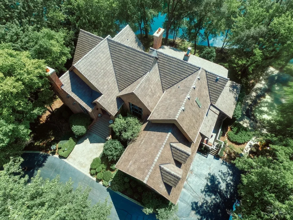 downward aerial view of davinci composite roofing materials installed on illinois home