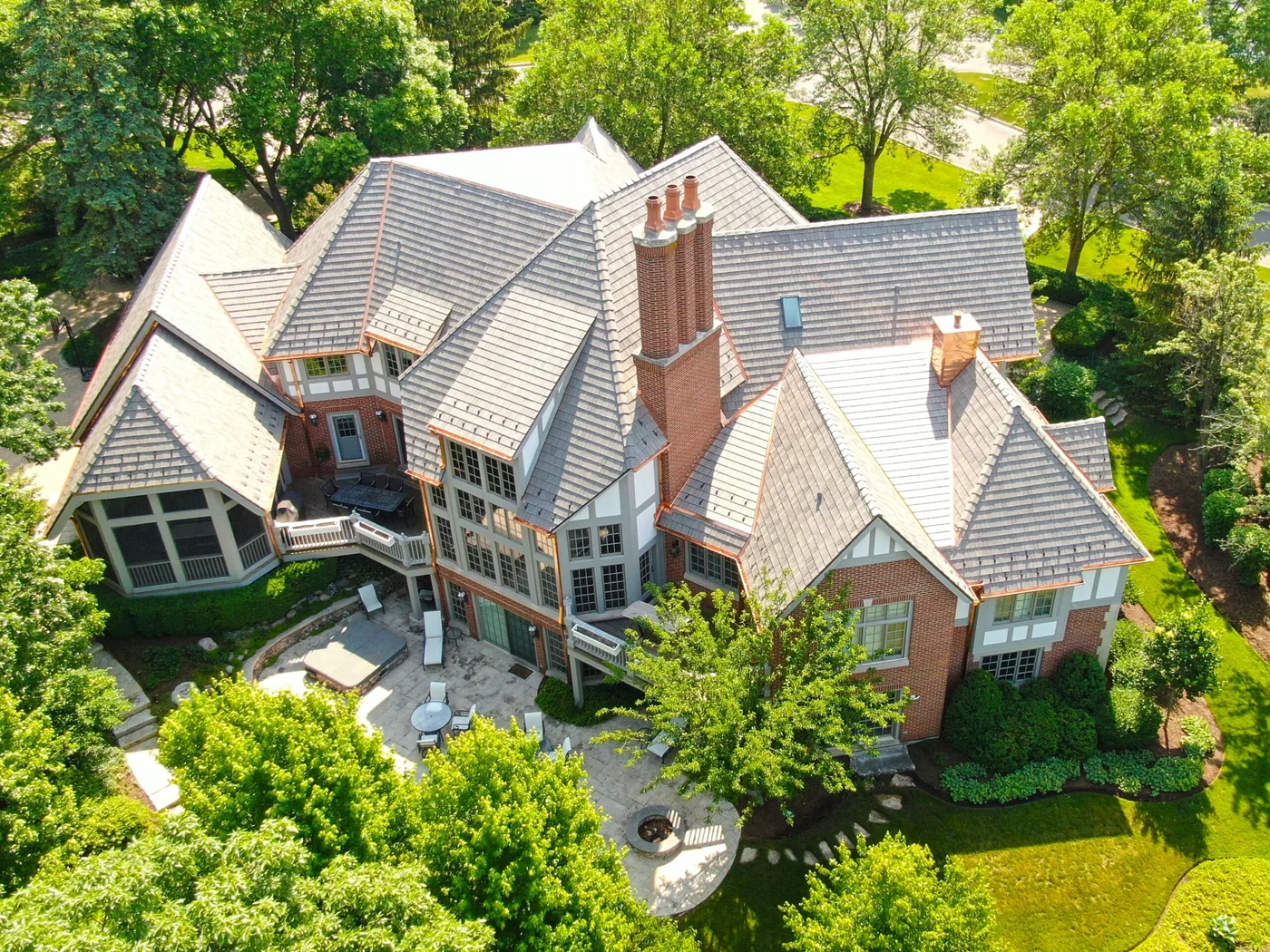 aerial photo of new davinci composite roof installation by the shake guys