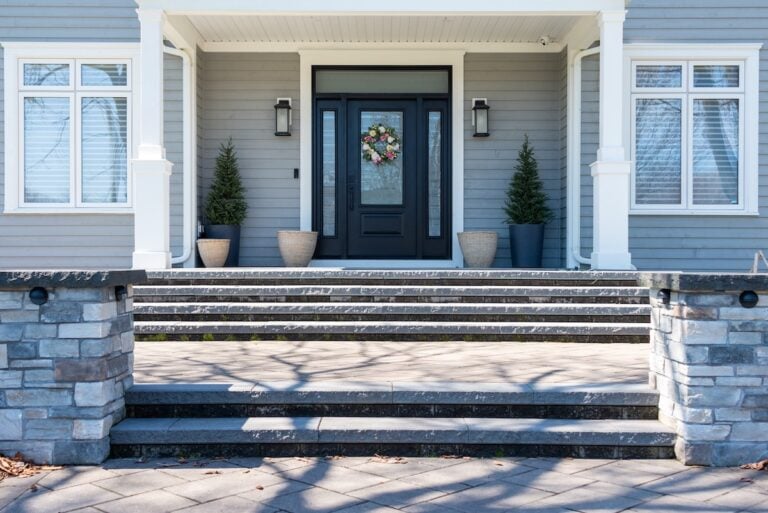 The entrance to a large luxury grey wooden house with white trim. The black door has side windows. The facade has a grey granite rock and brick entrance. Two trees and flower pots are on the step.