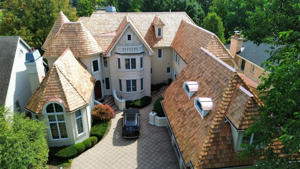 aerial view of cedar shake roofing system installed in glenview il