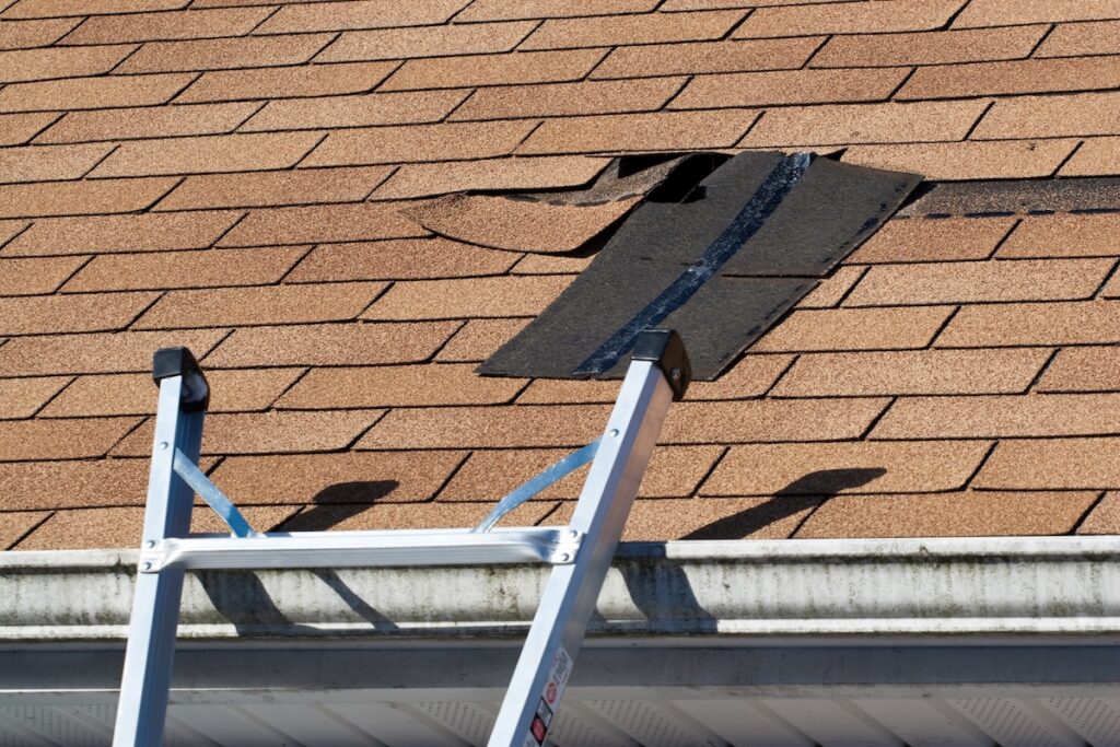 Fixing damaged roof shingles.