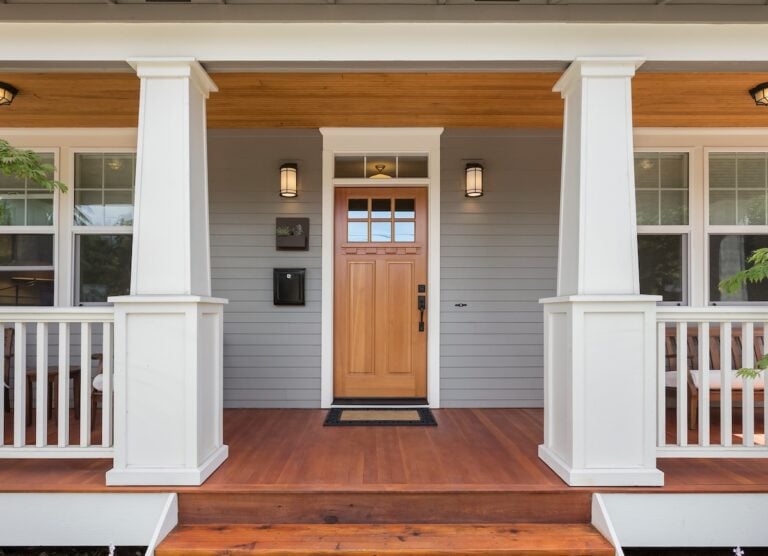 Covered porch and front door of beautiful new home