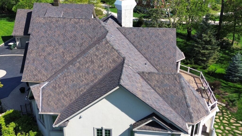 Composite roofing, brown and purple tones