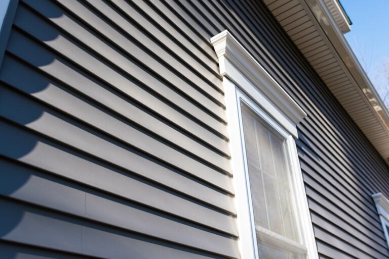 Dark vinyl siding in residential neighborhood, new window treatments